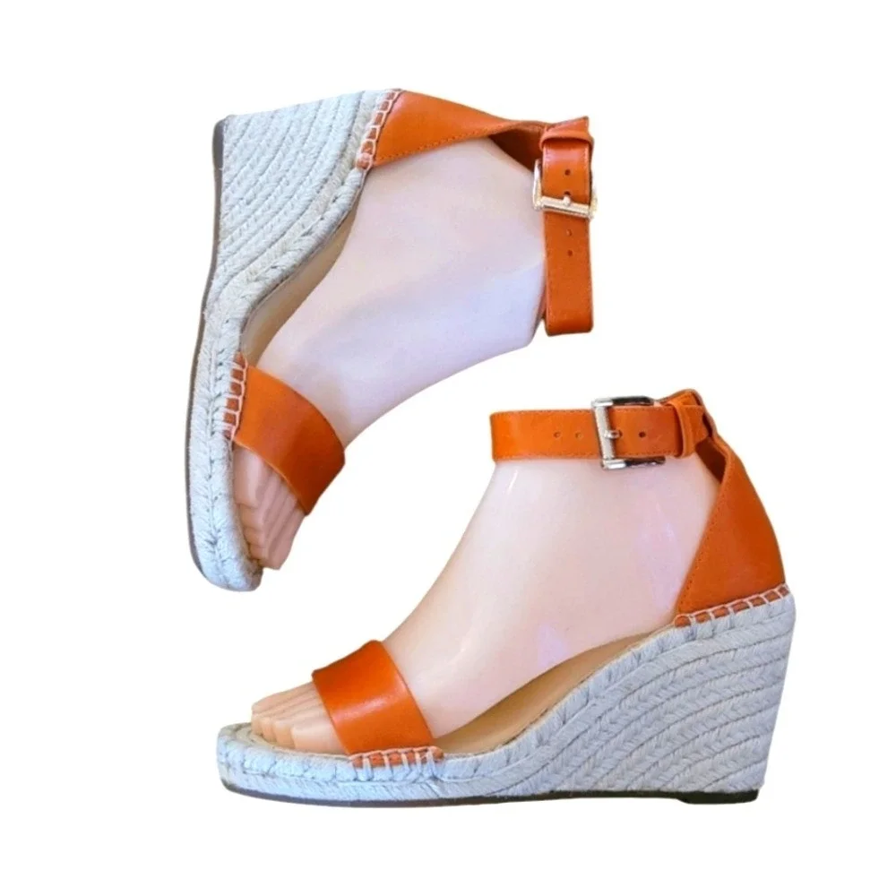 Vince Camuto Meddrina Leather Apricot Straps Jute Espadrille Wedges‎